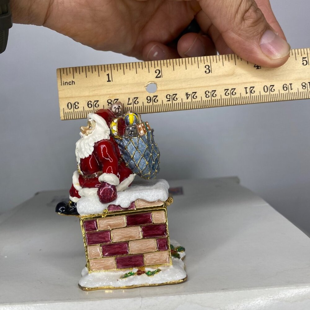 Enameled Bejeweled Santa on Chimney Jewelry Trinket Box collectable - Picture 10 of 11